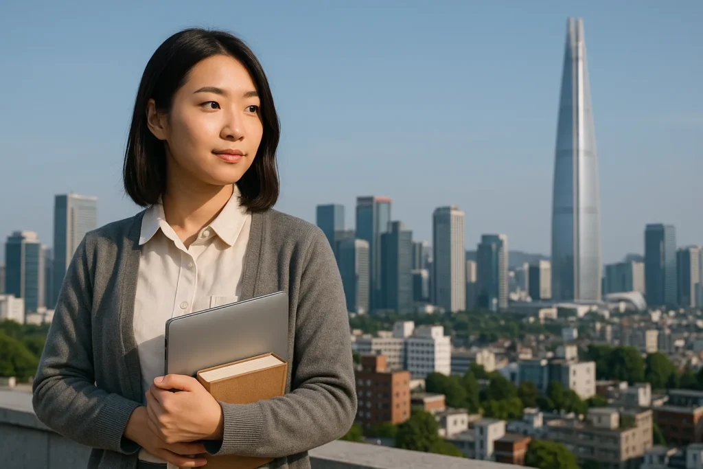 Teacher with laptop overlooking Seoul