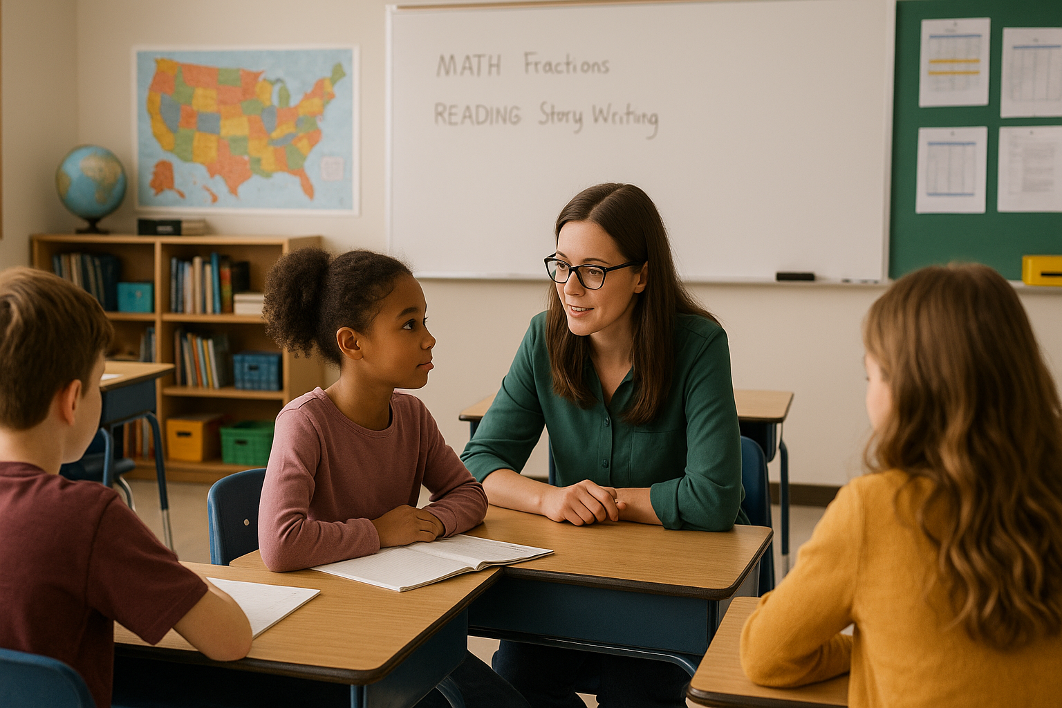 Teacher mentoring students in a bright classroom